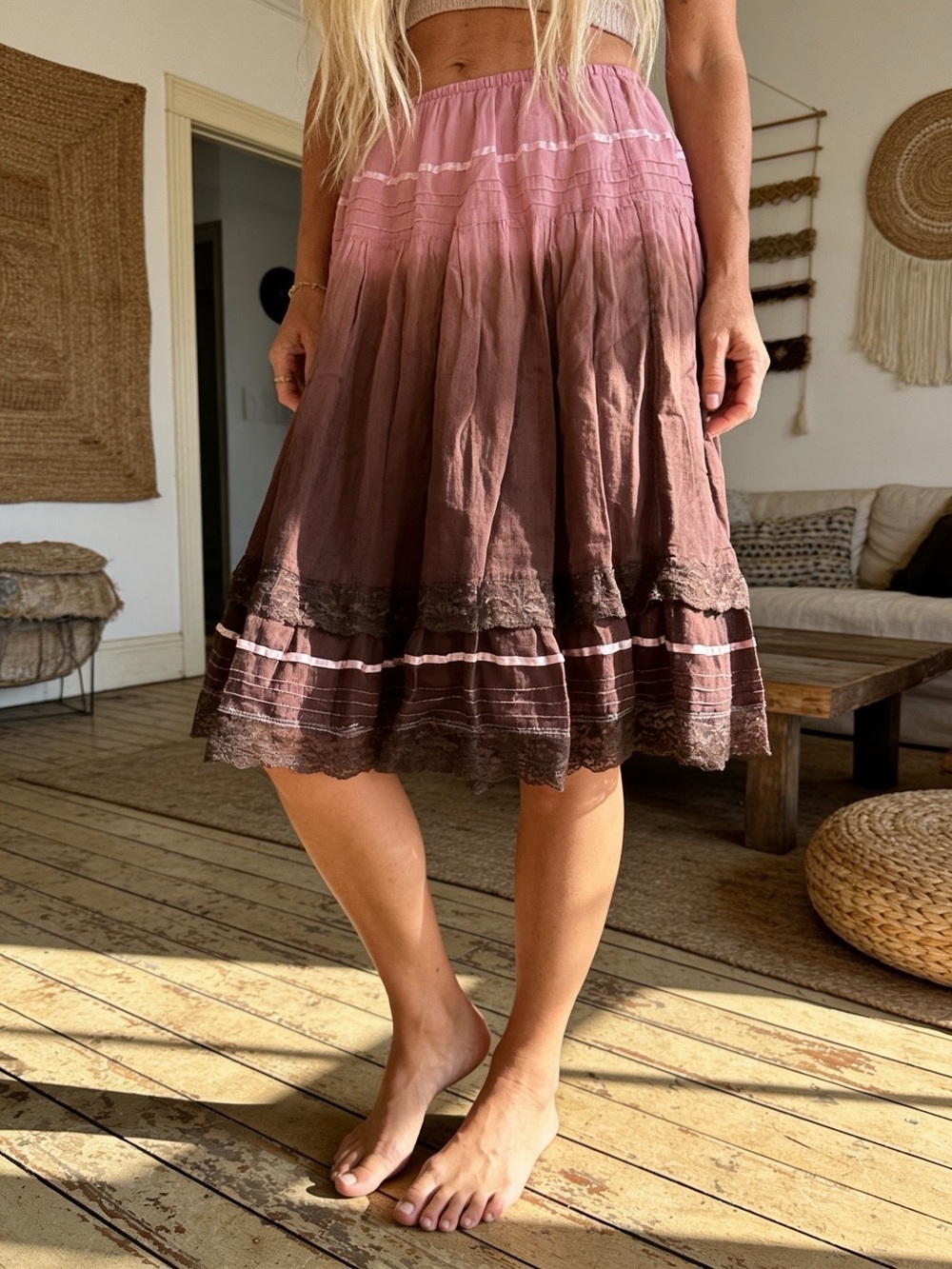 Kiwi Pink and brown burn out 90s style skirt with pink lace & ribbon 🎀 trim